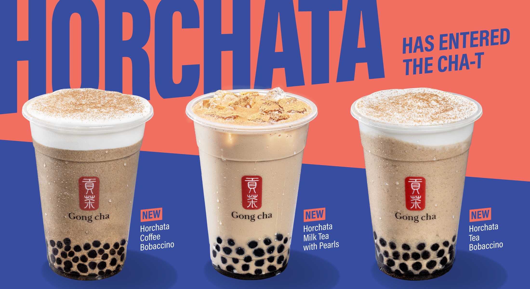 Horchata has entered the cha-t: the new Horchata Coffee Bobaccino, Horchata Milk Tea with Pearls and Horchata Tea Bobaccino side by side